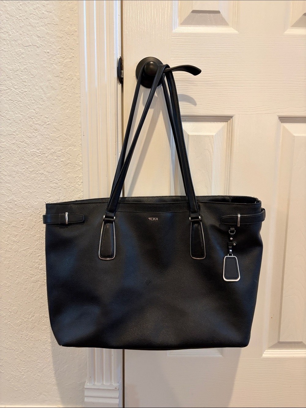 Tumi Black Pebbled Leather Tote with Silver Accents